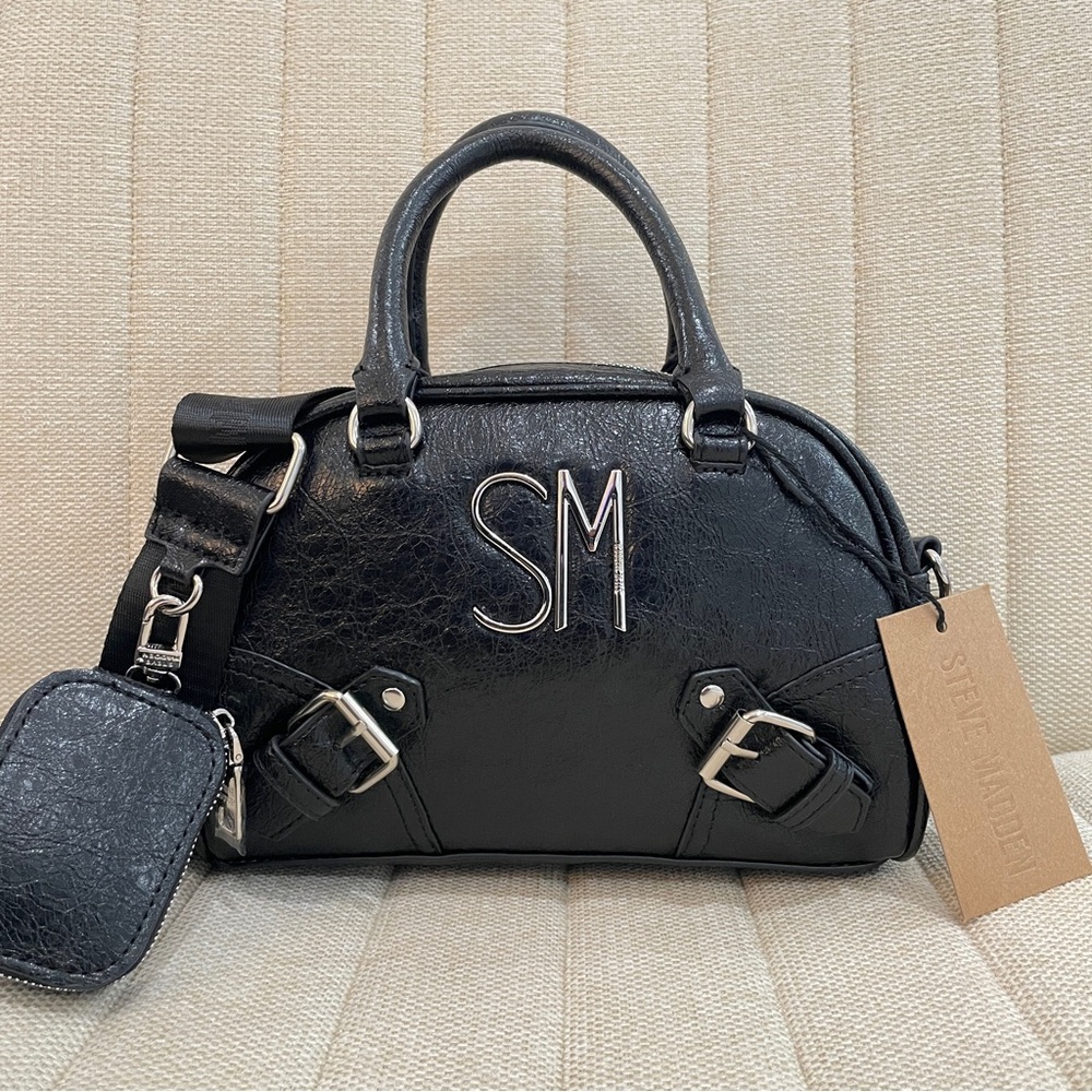 NEW Steve Madden‎ BSALON Black Crinkled Satchel Crossbody Bag with Pouch